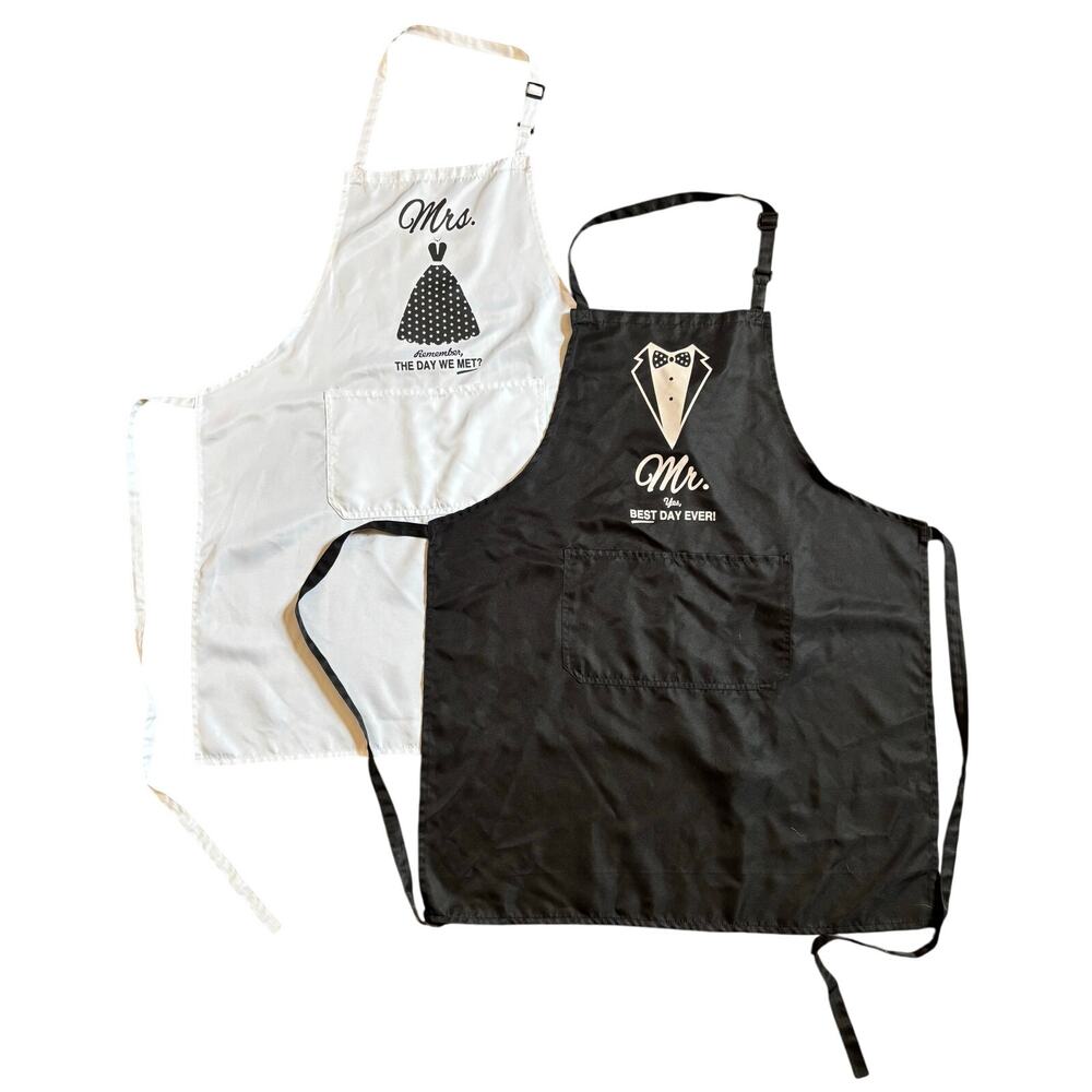 Set of Mr. and Mrs. Aprons Black White Newlywed Engagement Gift One Size
